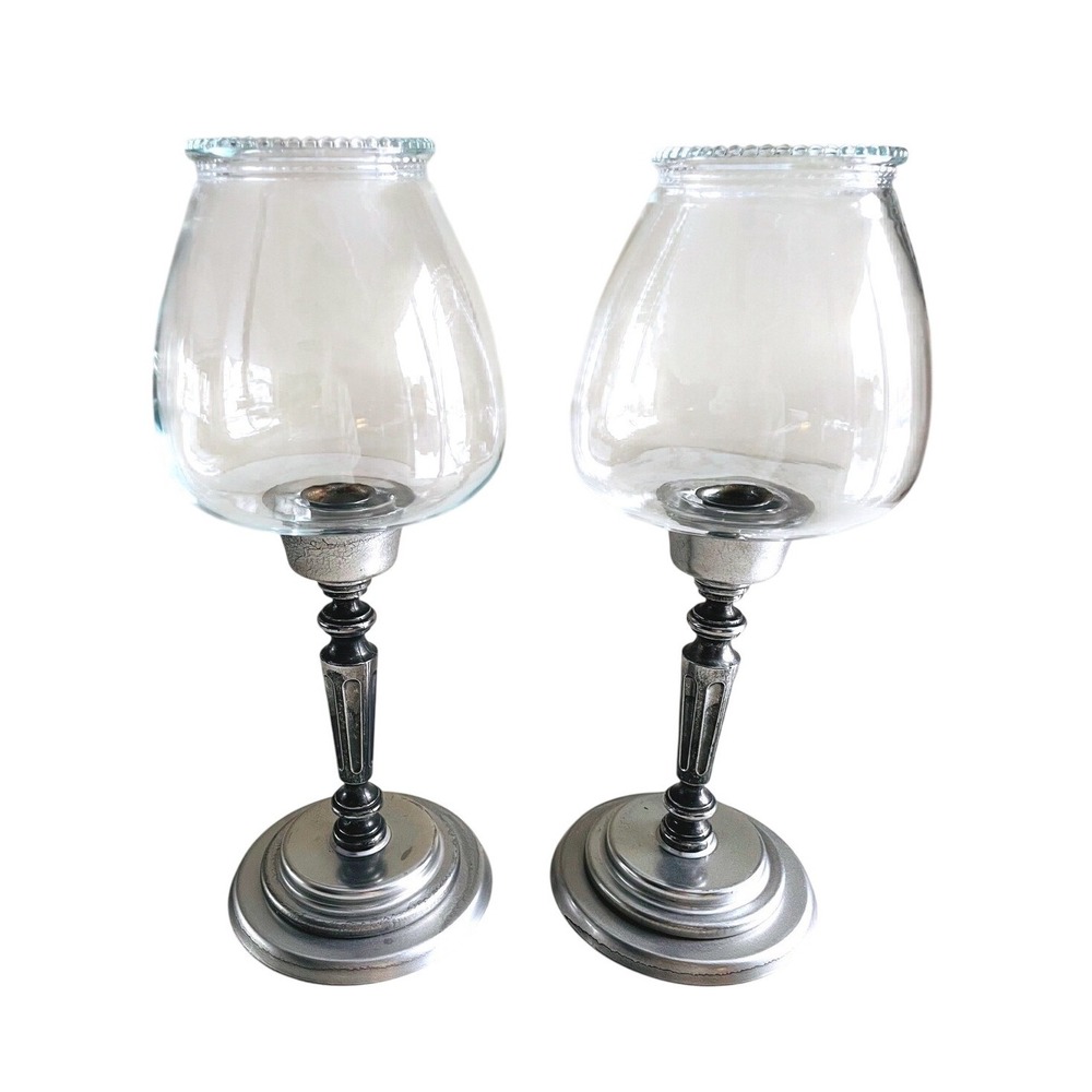 Vtg Set of Silver Metal Hurricane Candle Holders with Beaded Glass Globes 12.5in